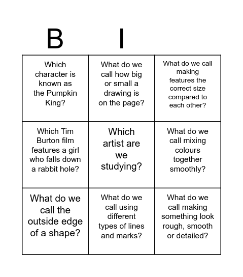 Key Word Tim Burton Bingo Card