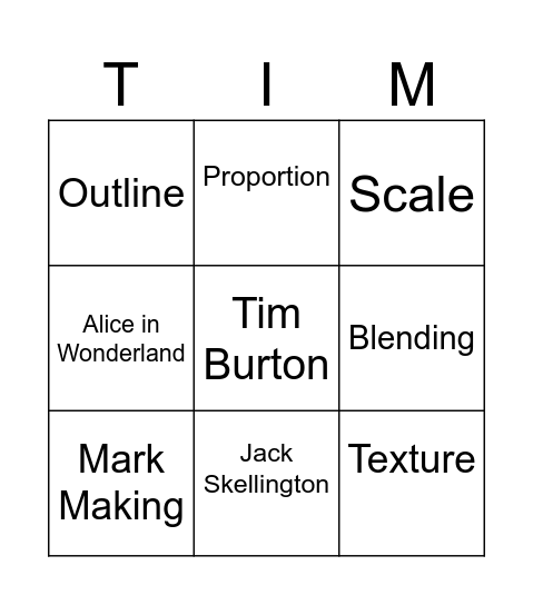 Key Word Tim Burton Bingo Card