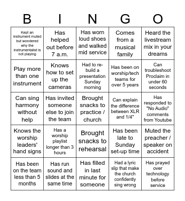 Worship/Production Team Bingo Card