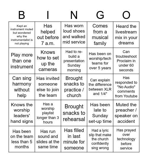 Worship/Production Team Bingo Card