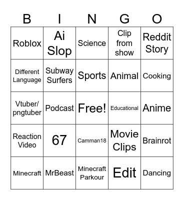 Youtube Shorts Bingo Card
