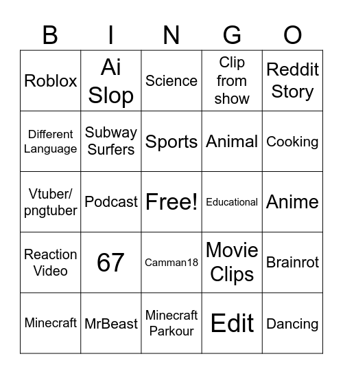 Youtube Shorts Bingo Card