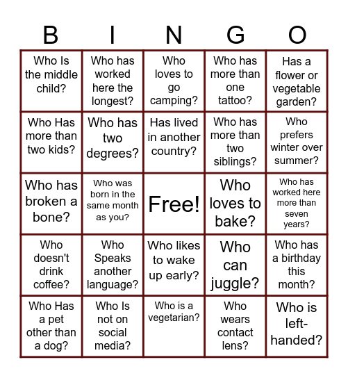 Coworker Bingo Card