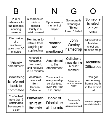 UMCSC Annual Conference 2026 Bingo Card