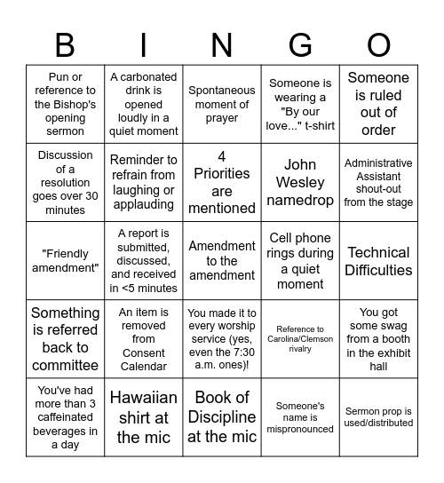UMCSC Annual Conference 2026 Bingo Card