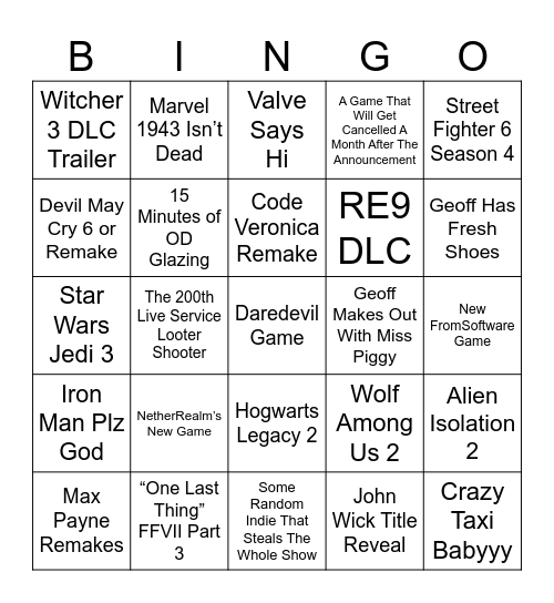Summer Game Fest Bingo Card