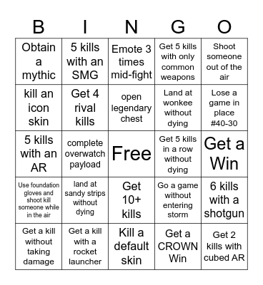 Fortnite Bingo Card