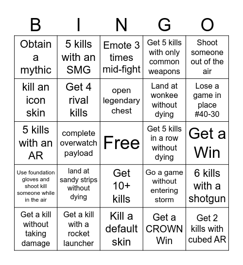 Fortnite Bingo Card