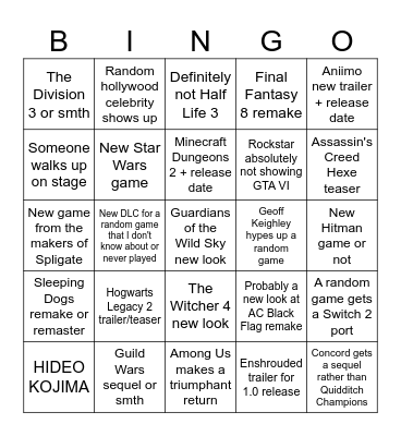 Summer Game Fest 2025 Bingo Card