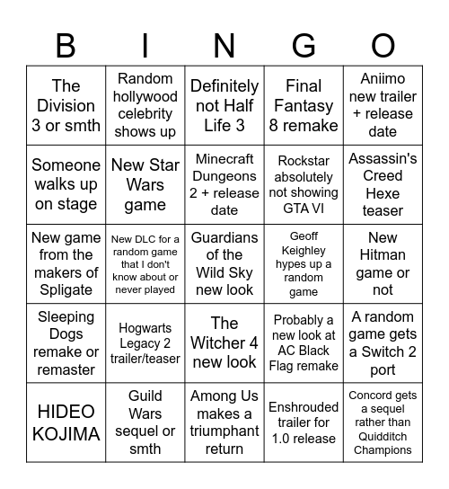 Summer Game Fest 2025 Bingo Card