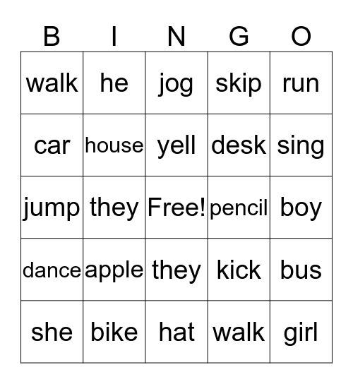 Nouns, Verbs & Pronouns Bingo Card