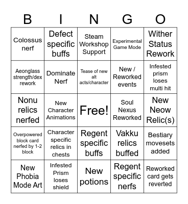 Slay the Spire Patch Bingo Card