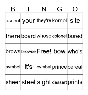 Homophone Bingo Card