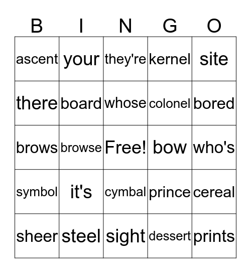Homophone Bingo Card