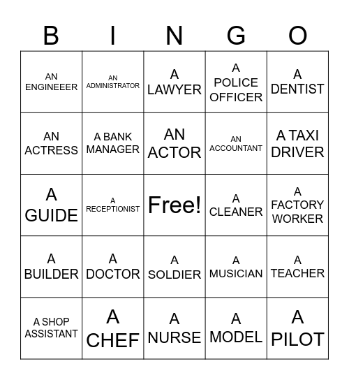 Jobs and Professions Bingo Card