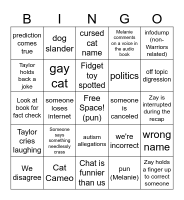 Warrior Chats Bingo Card