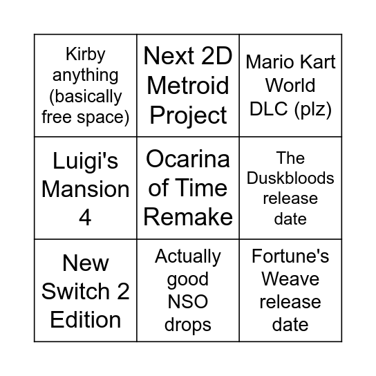 June Nintendo Direct Bingo Card