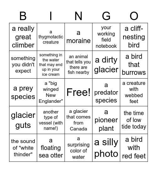 Glacier Bay National Park Spot It! Bingo Card