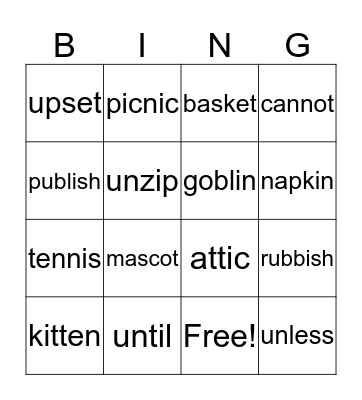 VC/CV WORDS Bingo Card