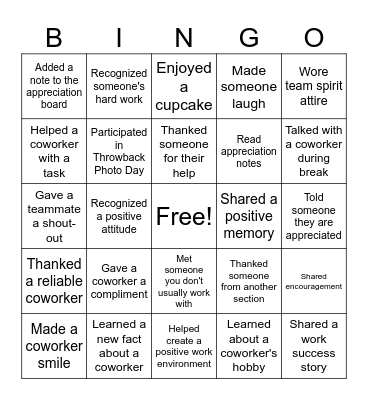 Co-Worker Appreciation Bingo Card