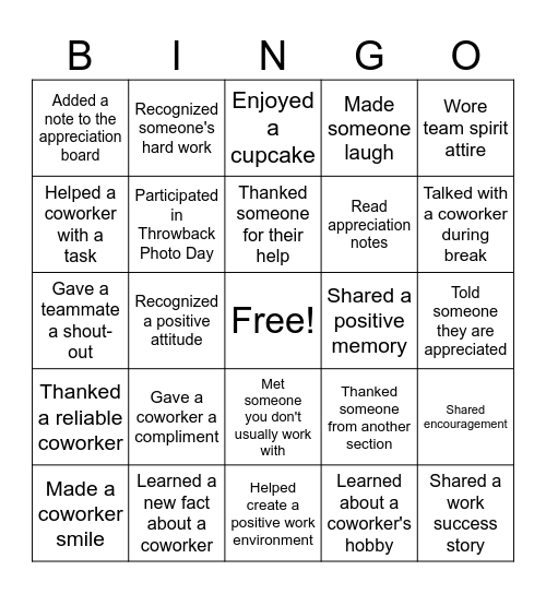 Co-Worker Appreciation Bingo Card