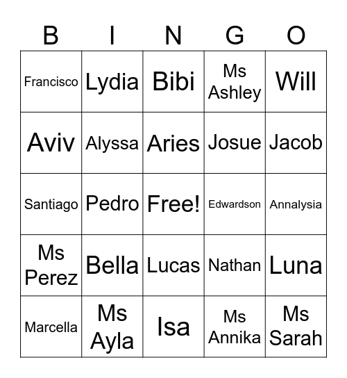 Ms Aylas Class Bingo Card