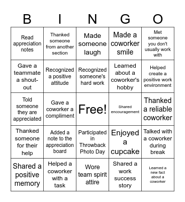 Co-worker Appreciation Bingo Card