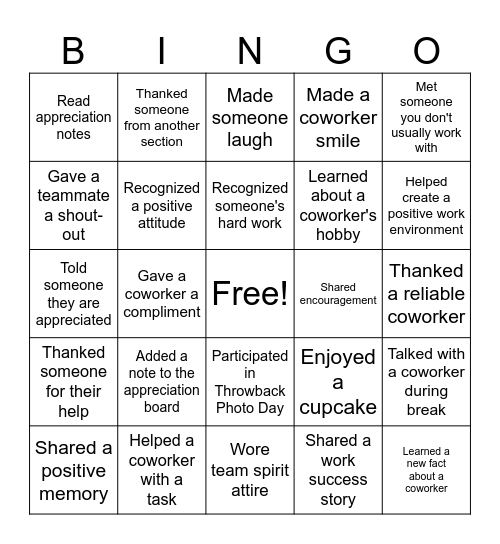 Co-worker Appreciation Bingo Card