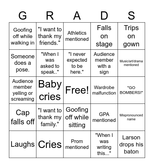 Gradution Bingo Card