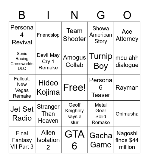 Summer Games Fest Bingo Card