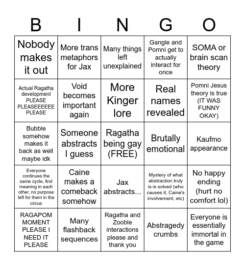 TADC Episode 9 Predictions Bingo Card