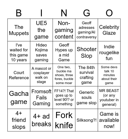 Summer Game Fest 2026 Bingo Card