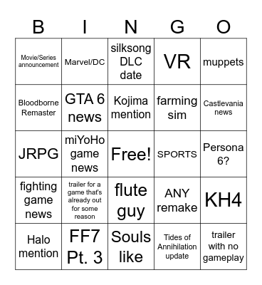 Summer Games Fest Bingo Card