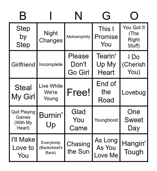 Music Bingo: Boy Bands Bingo Card