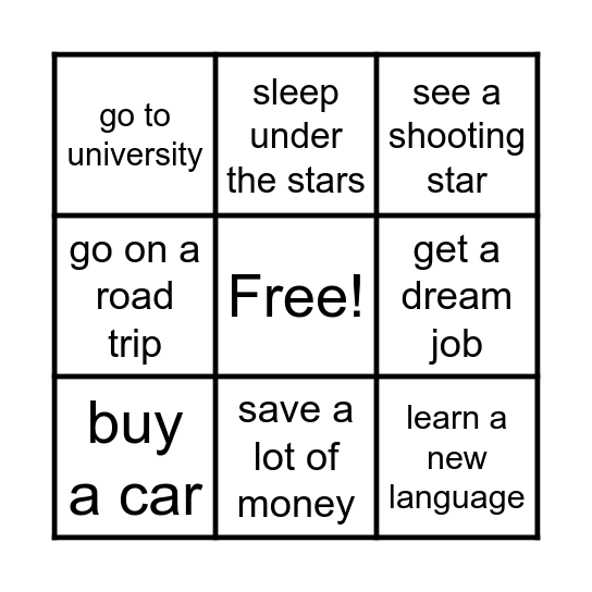 Bucket list bingo Card