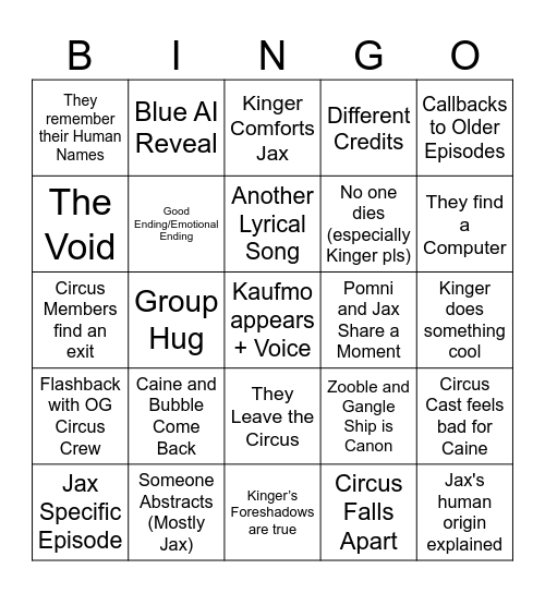 TADC Episode 9 Predictions Bingo Card