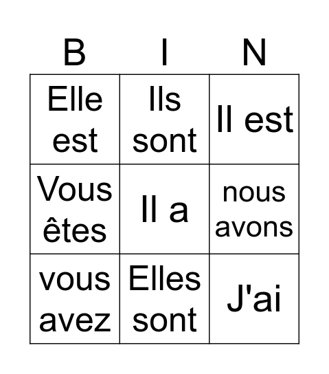 être & avoir french Bingo Card
