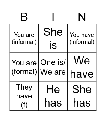 être & avoir english Bingo Card