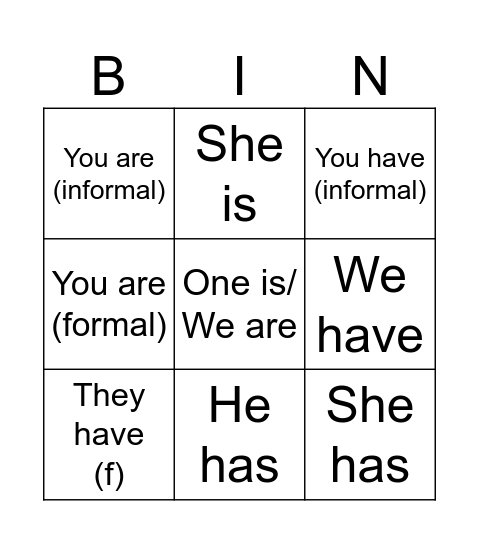 être & avoir english Bingo Card