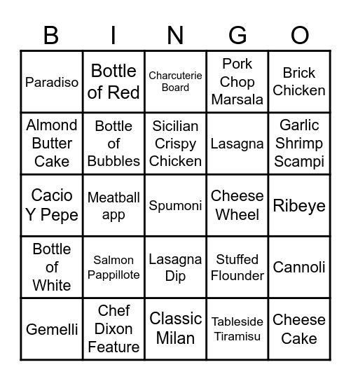Passerella Menu Bingo Card