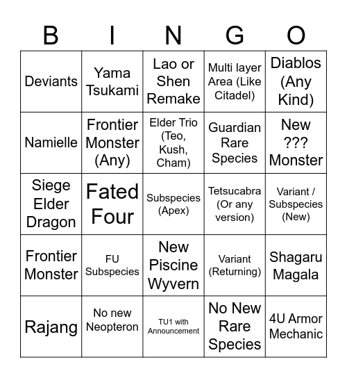 MHWilds DLC Bingo Card