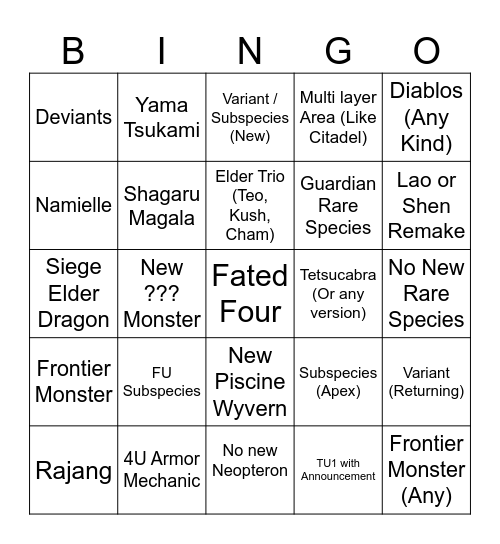 MHWilds DLC Bingo Card