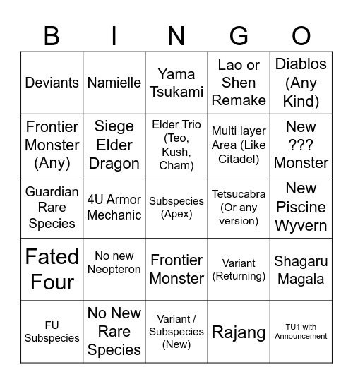 MHWilds DLC Bingo Card