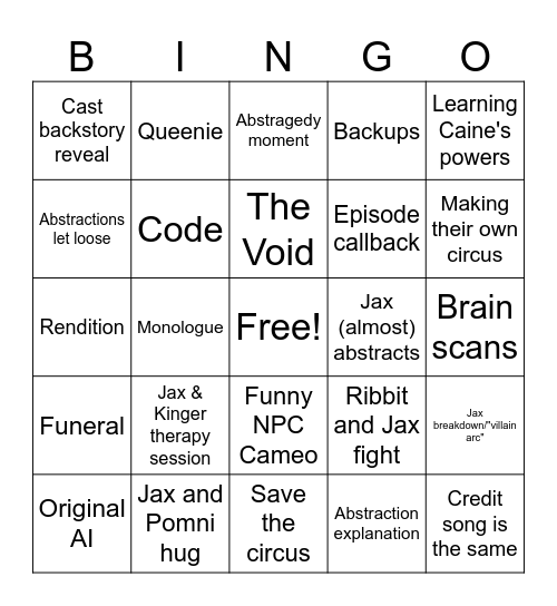 The Amazing Digital Circus Finale Bingo Card