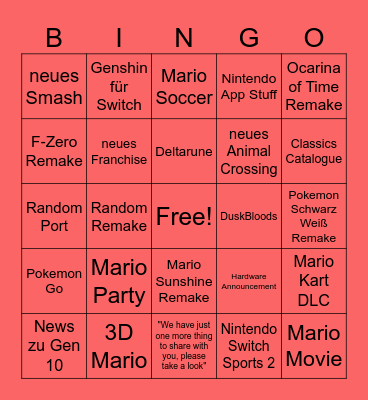Nintendo Direct Bingo Card