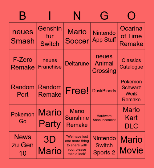 Nintendo Direct Bingo Card
