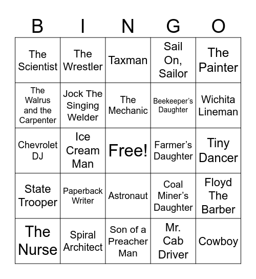 Occupation Song Titles Bingo Card