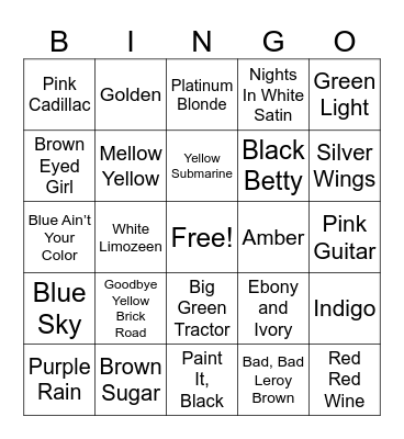 Color Song Titles Bingo Card