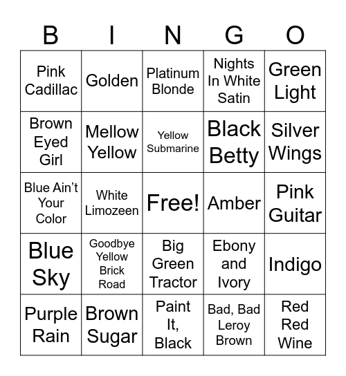 Color Song Titles Bingo Card
