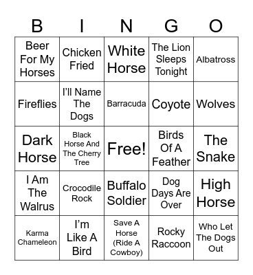 Animal Song Titles Bingo Card